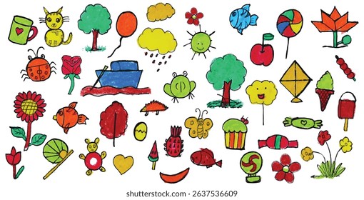 Vibrant crayon doodles: vehicles, animals, fruits, nature. Helicopter, rabbit, grapes, rainbow