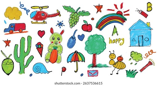 Vibrant crayon doodles: vehicles, animals, fruits, nature. Truck, rabbit, grapes, cactus