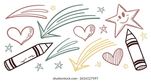 Vibrant crayon strokes, glittery stars, and doodled arrows turn the page into a magical canvas for creative young souls