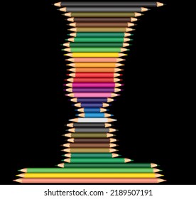 A vibrant and creative arrangement of colored pencils forming an hourglass shape, symbolizing the fusion of time and artistic expression on a sleek black background.