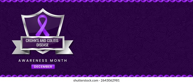 Vibrant Crohn's and Colitis Disease Awareness Month Banner with Purple Ribbon on Shield, Featuring Swirl Pattern Background for December Health Campaigns