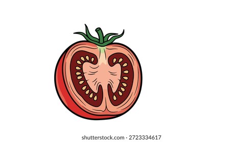 La vibrante sección transversal de un tomate rojo maduro revela la estructura interna que incluye jugosos segmentos y Pequeñas semillas amarillas en el interior.