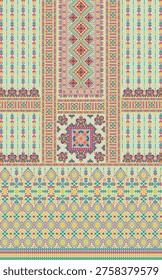 Vibrant cross-stitch inspired ethnic panel design in mint green with multicolor geometric motifs. Features a detailed front panel layout ideal for women's kurta, salwar suit, and ethnic fashion digital printing.