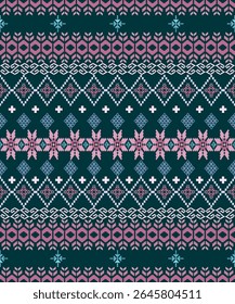 A vibrant cross-stitch pattern with tribal floral motifs in pink and cyan on a deep green background. Featuring geometric bands and symmetrical floral rows, perfect for ethnic textile design.
