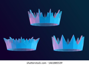 Vibrant Crown. Set of Holographic Crowns on Isolated Background. Low Poly Vector 3D Rendering