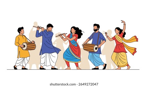 Vibrant Cultural Celebration Featuring Traditional Indian Music and Dance Performances with Diverse Instruments and Festive Attire