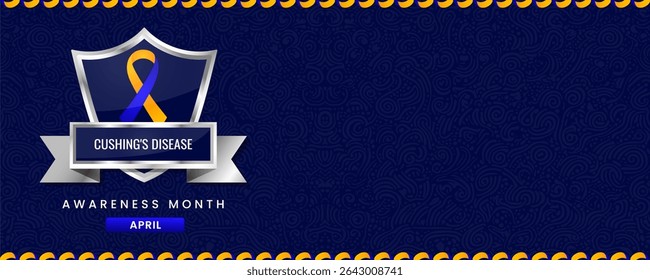 Vibrant Cushing's Disease Awareness Month Banner with Blue and Yellow Ribbon on Shield, Featuring Swirl Pattern Background for April Health Campaigns.