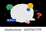 A vibrant cut out collage of a huge textured speech bubble, puzzle pieces, a light bulb, doodles and a question mark. A stylized notification or memo design template.