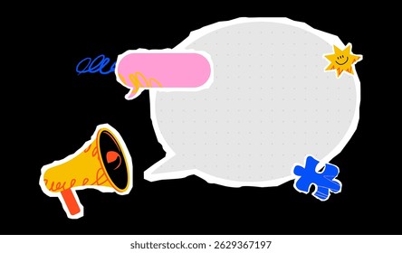 A vibrant cut out collage of a huge textured speech bubble, a megaphone, a puzzle piece, and a star. A stylized design template for notifications, memos, or advertising information..