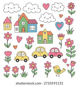 Vibrantes lindos niños Doodle Vector Colección dibujado a mano Marcador estilo casas, coches, flores y Elementos de Naturaleza para el Diseño gráfico comercial