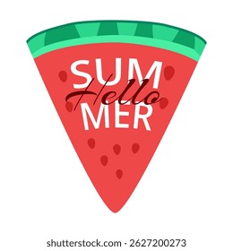 Vibrant cute watermelon slice illustration with Hello Summer text. Ideal for tropical, summer, or beach themed designs.