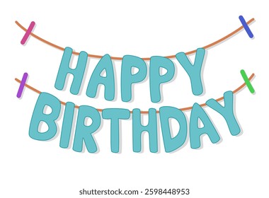 Vibrant Cyan Happy Birthday Vector Garland Text with Colorful Clips for Festive Party Decor, Greeting Cards, and Celebration Designs with Playful Style, Vector Design

