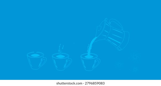 Vibrant cyan illustration of coffee maker pouring into one of three cups, steam rising, modern drink scene.