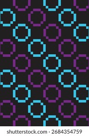 A vibrant cyberpunk pattern featuring glowing cyan and purple pixelated octagons on a dark background.

