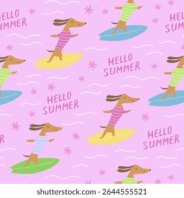 Vibrant dachshund dog pattern surfing in style with “HELLO SUMMER” text and star accents – whimsical beach-themed vector for summer projects.