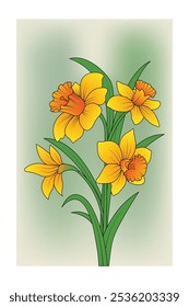 Vibrant Daffodil Flower Print, Colorful Floral Art with Green Leaves, Trendy Floral Posters, Hand drawn Botanical Illustration for Decor