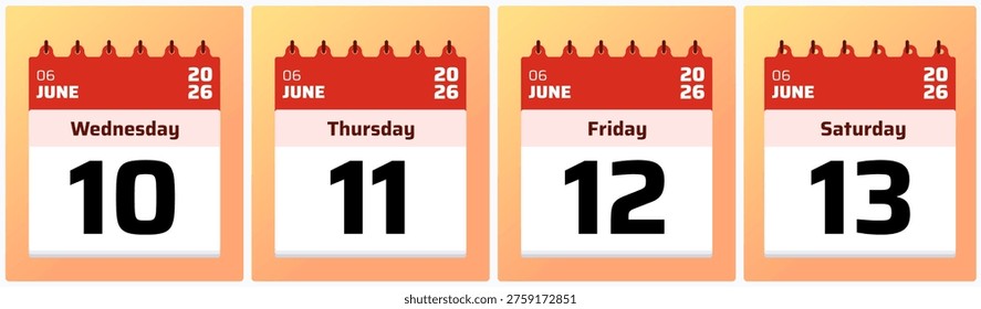 Vibrant daily calendar layout presenting June 10, 11, 12, and 13, 2026. Perfect for contemporary scheduling visuals, printable organizers, and daily digital reminder applications