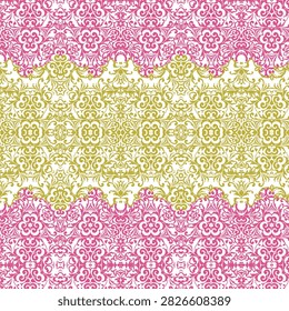 Vibrant damask floral seamless pattern with striped bands of ornamental motifs in pink, magenta, and chartreuse yellow-green tones on a white background. Bold contrasting repeating design ideal for textile, fashion, and home decor print.