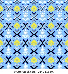 A vibrant damask pattern on a light blue background, featuring bold black and yellow X motifs. Combines classical elegance with a pop art twist. Great for fashion, accessories, or décor.