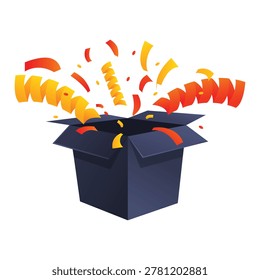 A vibrant dark blue open gift box with a dramatic burst of colorful red and orange confetti and curly streamers, creating an exciting and festive atmosphere for any special occasion.