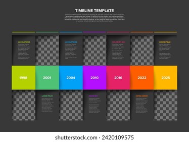 Una plantilla de línea de tiempo de infografía oscura vibrante que muestra los años y descripciones, utilizando una gama de colores para una presentación efectiva. Plantilla simple de línea de tiempo de mosaico con marcadores de posición de fotos.

