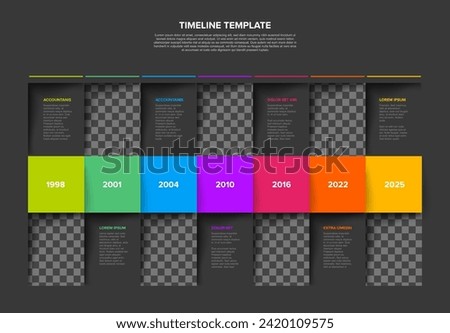 A vibrant dark infographic timeline template showcasing years and descriptions, utilizing a range of colors for effective presentation. Simple mosaic time line template with photo placeholders.

