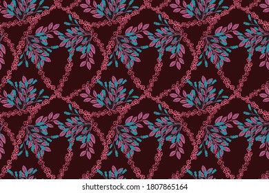 vibrant dark red floral spring seamless pattern, maple and blue hammock fibers, line art flowers and leaves, botanical background, vector illustration