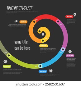 A vibrant dark spiral timeline template showcasing key events in chronological order. Each section is color-coded and includes space for text, ideal for presentations.