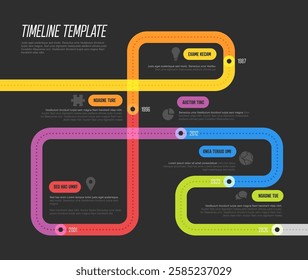 A vibrant dark timeline template features multicolor paths with text boxes for different years. The timeline includes significant milestones, with each section marked by distinct colors and icons.