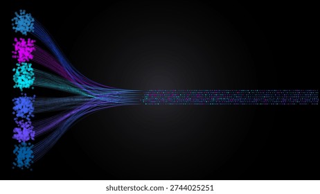 A vibrant data visualization with colorful nodes and lines converging into streamlined flow on dark background