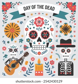 Vibrant Day of the Dead Celebration with Sugar Skull, Skeletons, and Festive Decorations