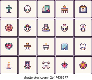 Vibrant Day of the Dead Icon Collection (Dia vibrante da coleção de ícones mortos), celebrando tradições mexicanas