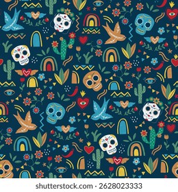 Vibrant Day of the Dead Pattern on Navy Background
