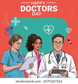 A vibrant Doctors’ Day design featuring a diverse group of doctors and healthcare workers with medical icons, highlighting their vital contributions to health and well-being.