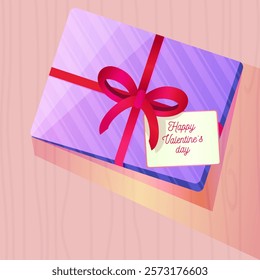 Vibrant Valentine’s Day gift box illustration with a purple striped pattern, tied with a red ribbon bow, and accompanied by a card reading "Happy Valentine's Day."  Romantic designs and greetings.