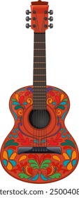 Vibrant, decorated guitar with intricate patterns