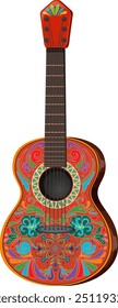 Vibrant, decorated guitar with intricate patterns