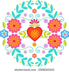 Vibrant decoration element with flowers. Detailed Mexican folk art style. Use for banner, poster, invitation, greeting card, textile design