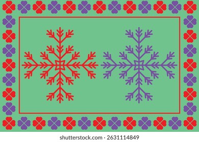 Vibrant Decorative Design with Red and Purple Snowflakes on a Mint Green Background.