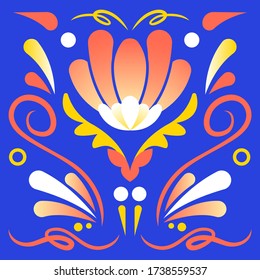 Vibrant and decorative floral illustration. Symmetrical floral composition with decorative swashes.