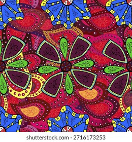 Vibrant decorative pattern with bold floral symmetry and colorful ethnic elements. Creative vector, seamless design perfect for wallpapers, textiles, fabric prints, packaging, boho and artistic.