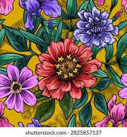 Vibrant decorative seamless floral pattern featuring hand drawn artistic botanical floral design illustration, stylized flowers and leaves with textured strokes and vivid contrast colorful background
