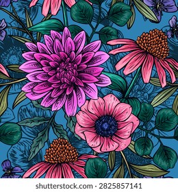 Vibrant decorative seamless floral pattern featuring hand drawn artistic botanical floral design illustration, stylized flowers and leaves with textured strokes and vivid contrast colorful background