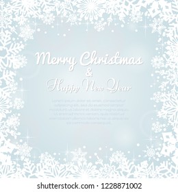 Vibrant defocused background. Bright bokeh with snowflakes. Christmas background with snowflakes and Christmas. Background with Shining Snowflakes and text.