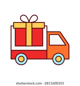 A vibrant delivery truck transporting a large gift box with a bow on top, symbolizing delivery and celebration.