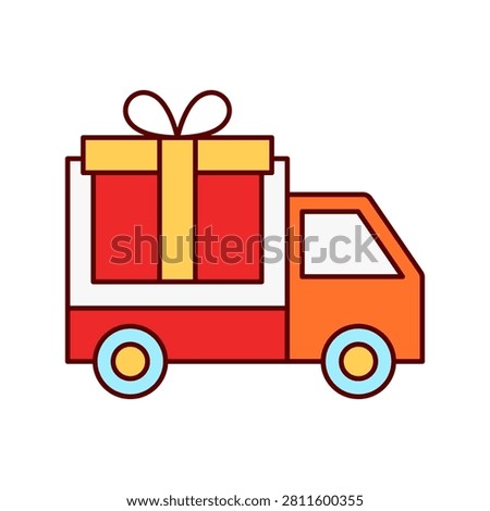 A vibrant delivery truck transporting a large gift box with a bow on top, symbolizing delivery and celebration.