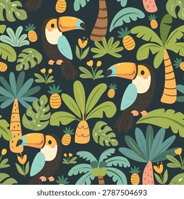 Vibrant and dense seamless pattern featuring cartoon toucans amidst a colorful jungle of tropical leaves and exotic flowers on a white background