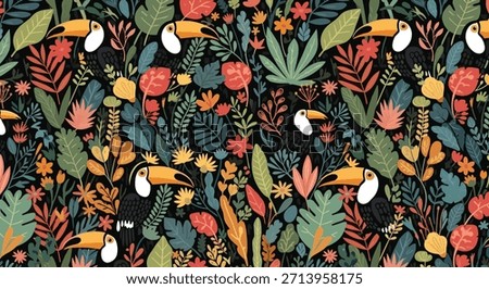 Vibrant and dense seamless pattern featuring cartoon toucans amidst a colorful jungle of tropical leaves and exotic flowers on a dark background.