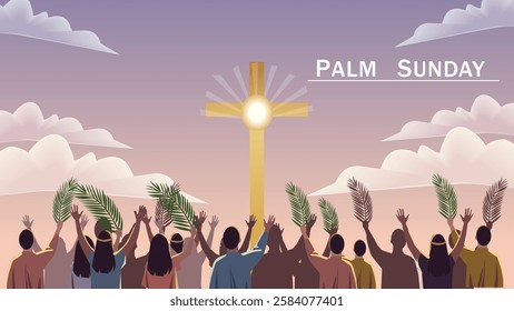 A vibrant depiction of Palm Sunday with a golden cross shining in the background, as people raise palm branches in celebration. The warm sunset sky adds to the sacred ambiance.