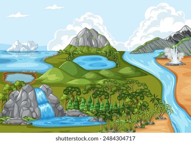 A vibrant depiction of various natural landscapes